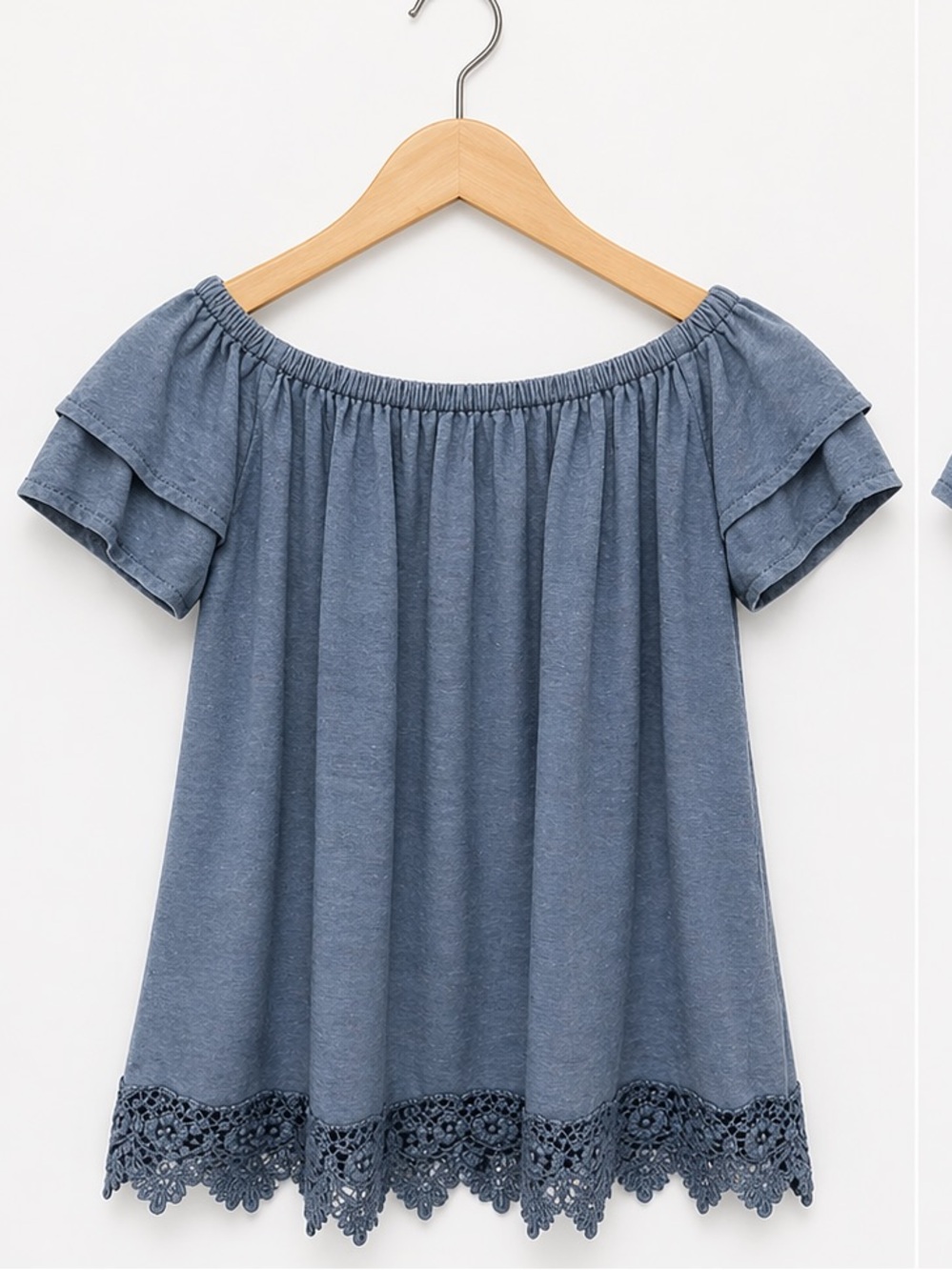Free People Gray Blue Off-Shoulder Lace Hem Top Size M Soft Flowy Boho Blouse M